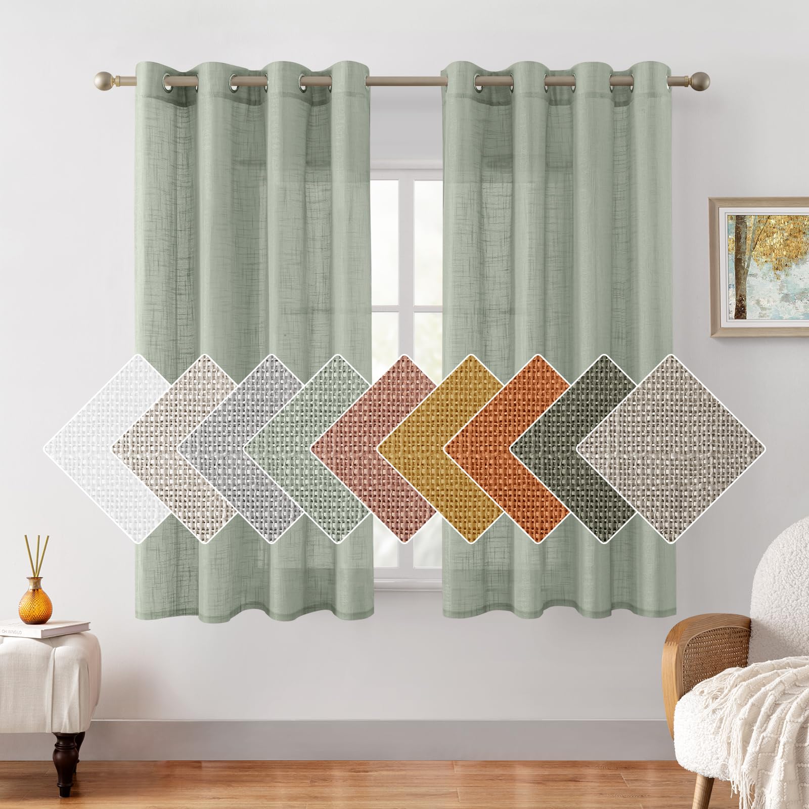 HOMEIDEAS Sage Green Linen Sheer Curtains 63 Inches Long 2 Panels Textured Semi Sheer Curtains Farmhouse Curtains Sheer Privacy